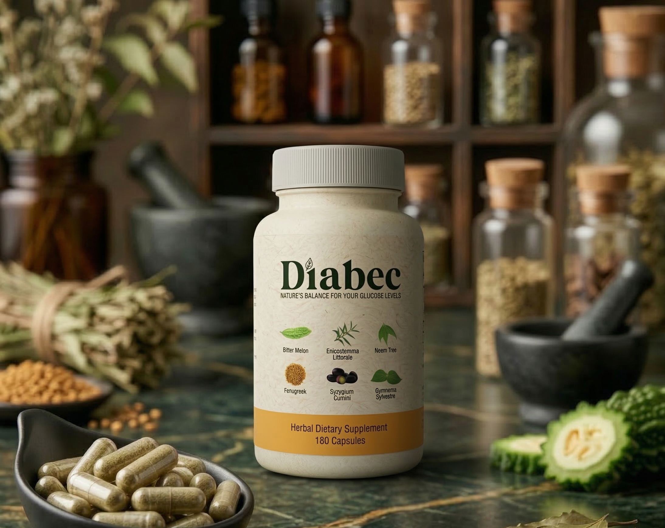 Diabec Glucose Balance Support bottle with herbal capsules